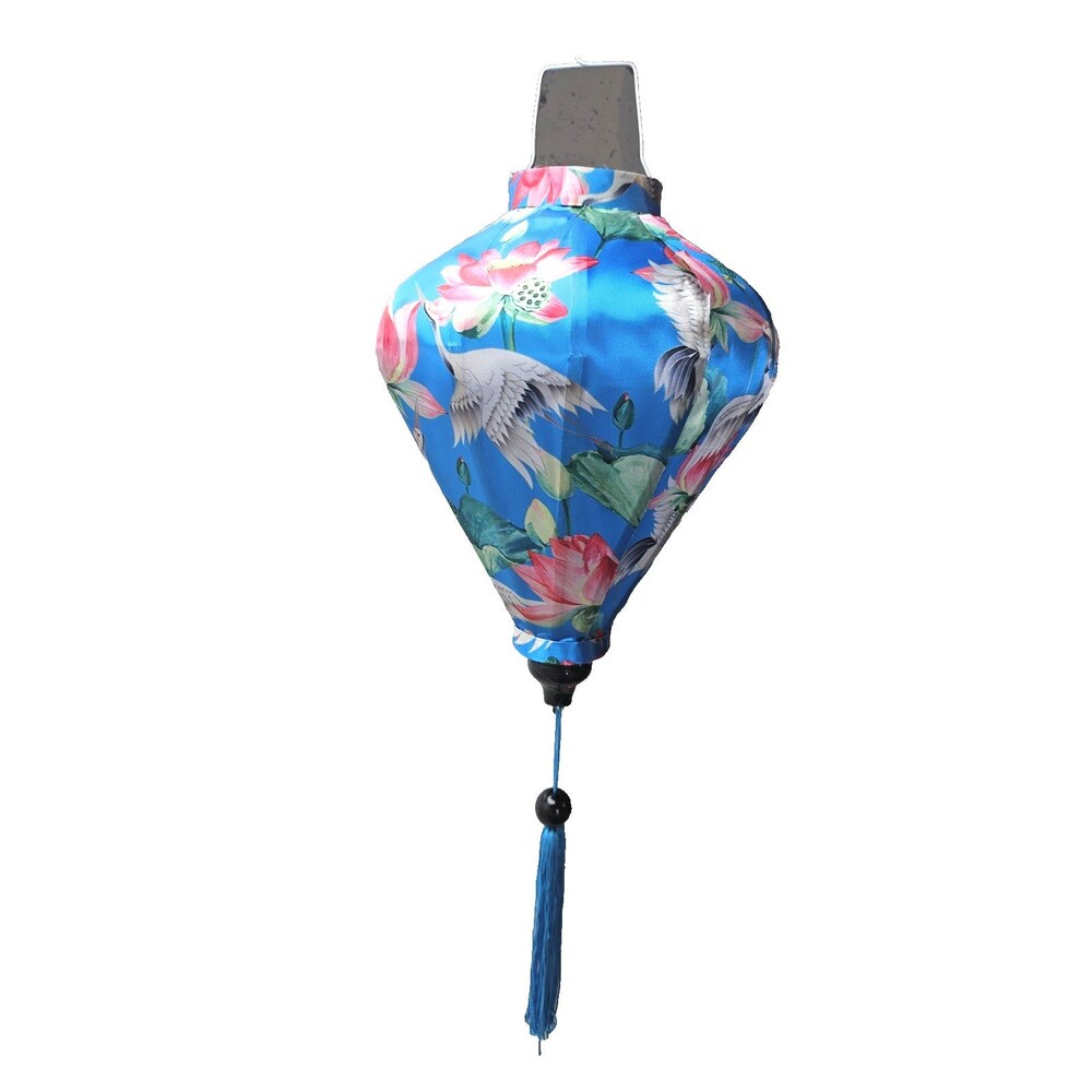 Chinese Lantern Asian Oriental Blue Satin w White Ibis Birds Decor